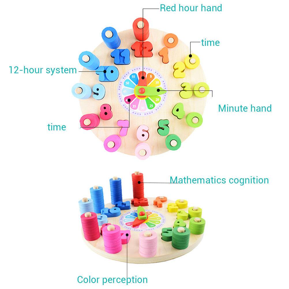 colorful wooden educational toy featuring a circular base with pegs and various shapes with holes for sorting and stacking. The toy includes number blocks, geometric shapes, and spools in vibrant primary and pastel colors, designed to enhance cognitive skills, hand-eye coordination, and fine motor skills in children