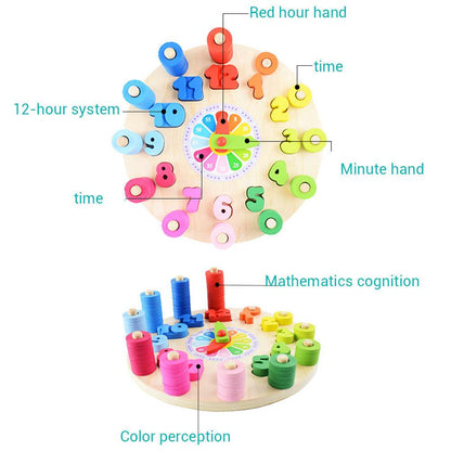 colorful wooden educational toy featuring a circular base with pegs and various shapes with holes for sorting and stacking. The toy includes number blocks, geometric shapes, and spools in vibrant primary and pastel colors, designed to enhance cognitive skills, hand-eye coordination, and fine motor skills in children