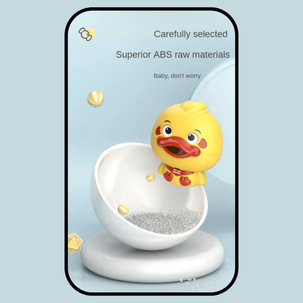 A cute, yellow Pond Pals Duck perches on the edge of a white, round container filled with small silver beads. Overhead text reads "Carefully selected Superior ABS raw materials" with a smaller caption underneath saying "Baby, don’t worry. Perfect for baby bath toys.