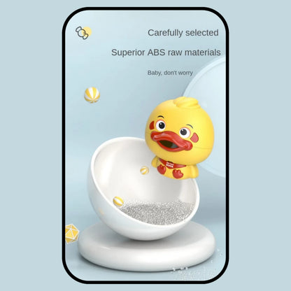 A cute, yellow Pond Pals Duck perches on the edge of a white, round container filled with small silver beads. Overhead text reads "Carefully selected Superior ABS raw materials" with a smaller caption underneath saying "Baby, don’t worry. Perfect for baby bath toys.