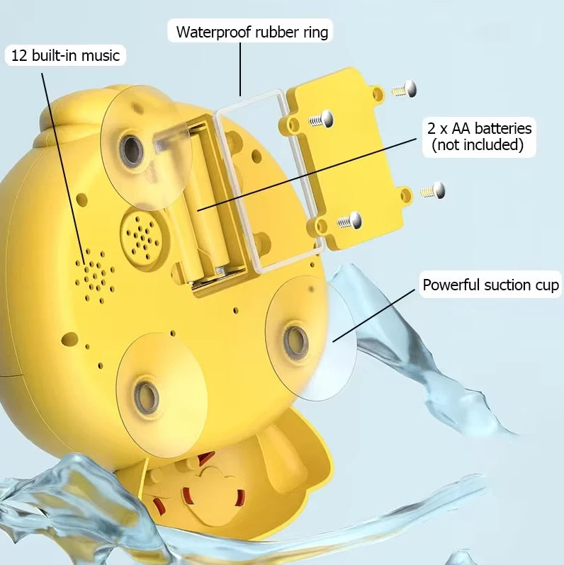  yellow suction-cup bath toy from the Pond Pals collection "12 built-in music," "Waterproof rubber ring," "2 x AA batteries (not included)," and "Powerful suction cup."  used in the bath.