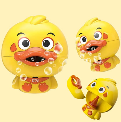 A yellow, duck-shaped bubble blower called "Pond Pals" is showcased from three different angles. The main view highlights the duck's face with bubbles emanating from its beak. The smaller views present a side angle and the duck with its beak opened to display the bubble solution compartment—ideal for Baby Bath Toys enthusiasts.