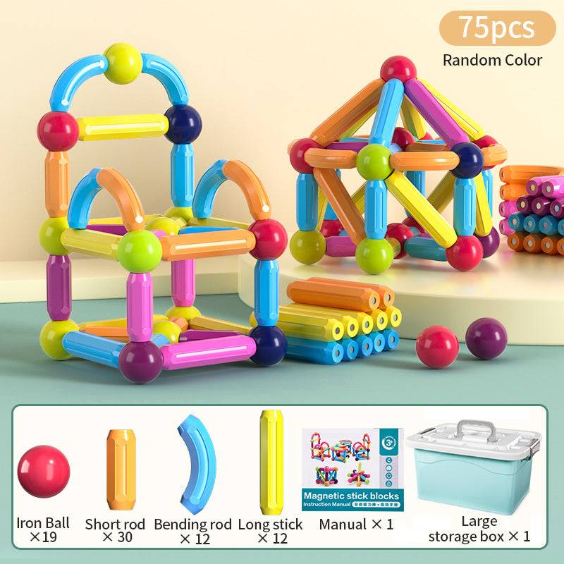 colorful set of 75 pieces magnetic stick blocks, featuring iron balls, short rods, bending long sticks, and a manual displayed, set includes 19 iron balls, 30 short rods, 12 bending rods, and 12 long sticks in random colors, highlights the educational and creative play value of the toy, showcasing its potential for building complex geometric structures that can stimulate learning in STEM fields