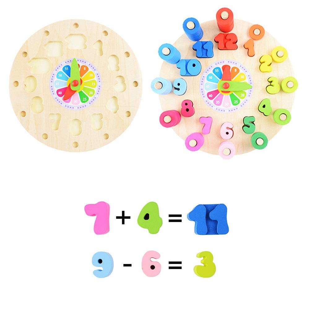 colorful wooden educational toy featuring a circular base with pegs and various shapes with holes for sorting and stacking. The toy includes number blocks, geometric shapes, and spools in vibrant primary and pastel colors, designed to enhance cognitive skills, hand-eye coordination, and fine motor skills in children