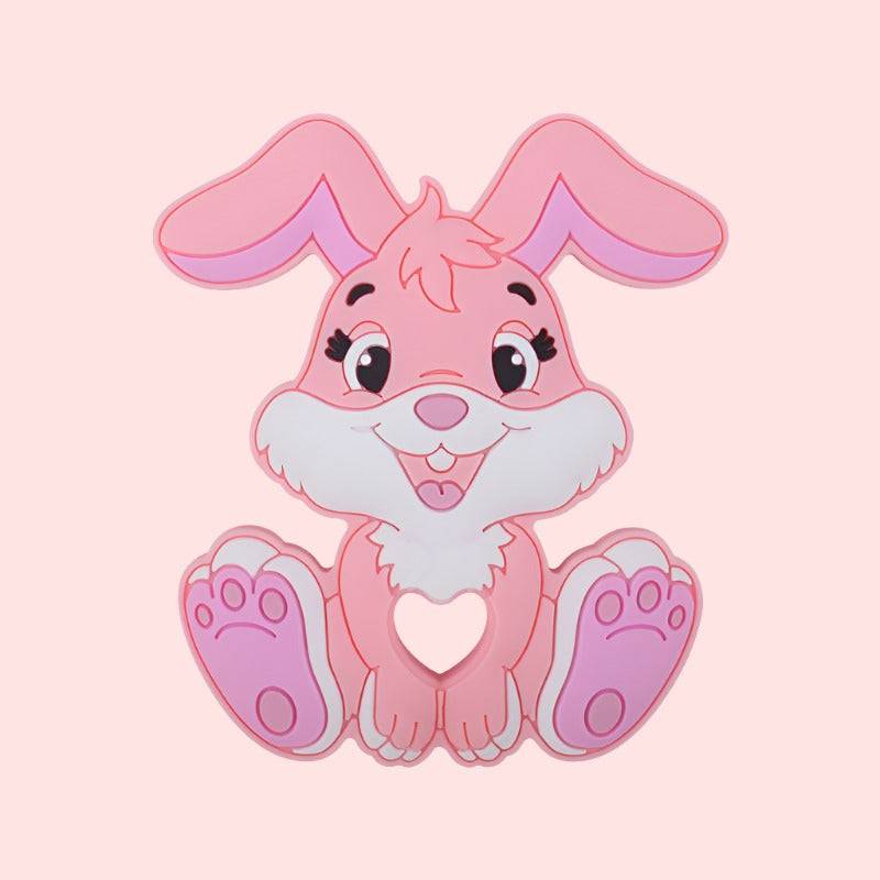 cute pink cartoon teether bunny with large pink ears and feet sitting against a soft pink background, the bunny has expressive eyes, a friendly smile, and its paws are gently resting on its tummy, friendly bunny illustration, children’s character design, Easter-themed bunny, adorable bunny image, cartoon bunny with expressive eyes, pink background bunny