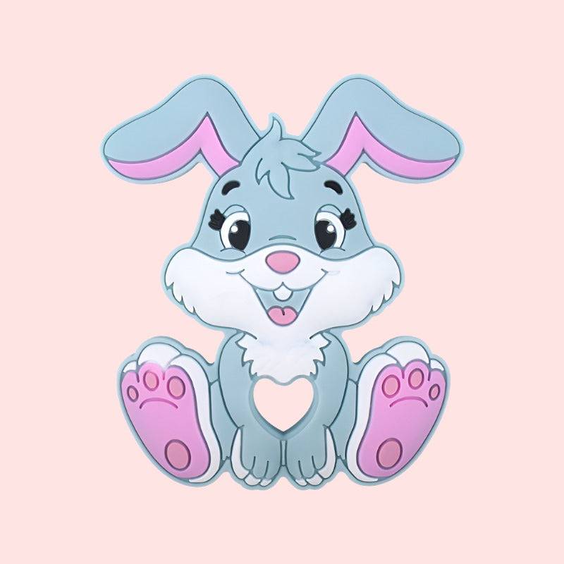 cute cartoon-style bunny with large, floppy ears and big, pink paws sitting against a soft pink background, the bunny has a joyful expression with bright eyes and a small heart on its chest, making it ideal for a toddlers content, Easter themes, or animal-related design elements