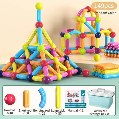 colorful set of 19 pieces magnetic stick blocks, featuring iron balls, short rods, bending long sticks, and a manual displayed, set includes 4 iron balls, 7 short rods, 2 bending rods, and 4 long sticks in random colors, highlights the educational and creative play value of the toy, showcasing its potential for building complex geometric structures that can stimulate learning in STEM fields