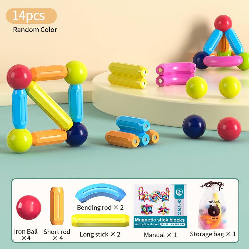 colorful set of 14 pieces magnetic stick blocks, featuring iron balls, short rods, bending long sticks, and a manual displayed, set includes 4 iron balls, 4 short rods, 2 bending rods, and 2 long sticks in random colors, highlights the educational and creative play value of the toy, showcasing its potential for building complex geometric structures that can stimulate learning in STEM fields