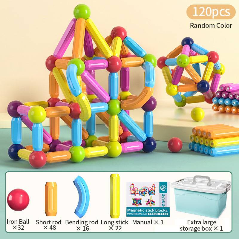 colorful set of 120 pieces magnetic stick blocks, featuring iron balls, short rods, bending long sticks, and a manual displayed, set includes 32 iron balls, 48 short rods, 16 bending rods, and 22 long sticks in random colors, highlights the educational and creative play value of the toy, showcasing its potential for building complex geometric structures that can stimulate learning in STEM fields