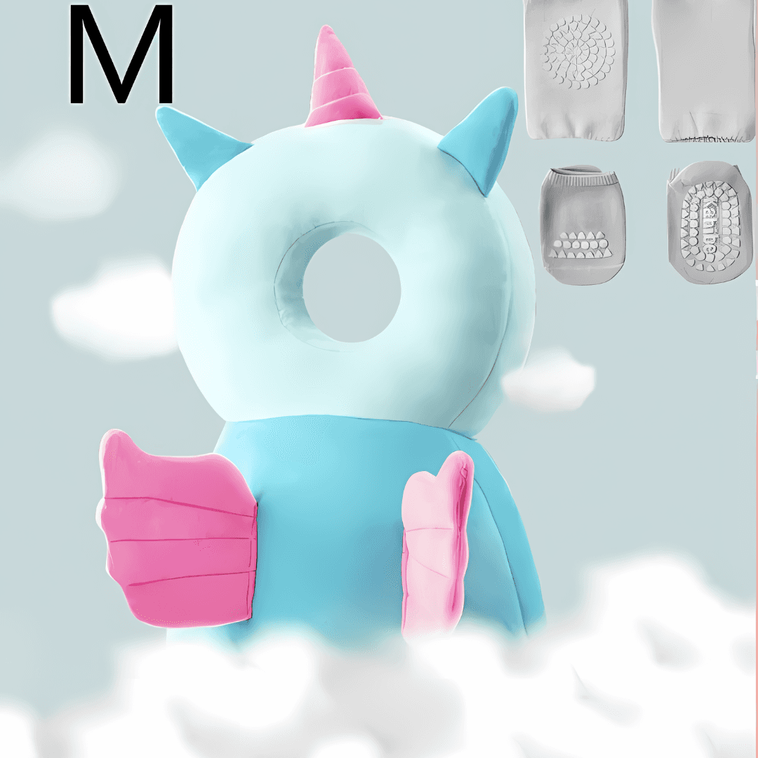 A plush toy in the shape of a unicorn with pastel blue and pink colors stands amidst fluffy white clouds against a light blue sky, the donut has a hole in the middle, pink ears, wings, and a short horn on top, one pair of medium gray crawling socks with textures soles