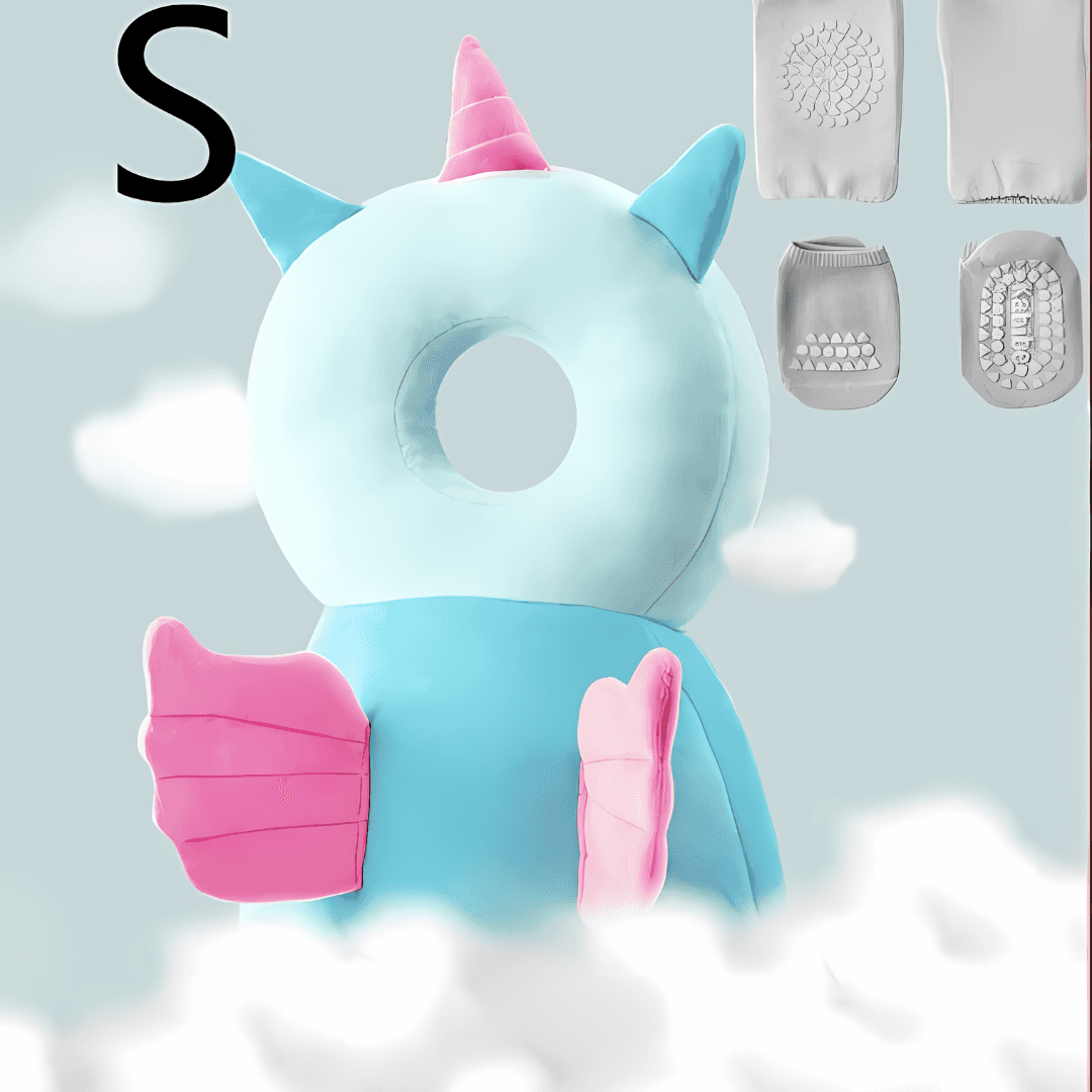 A plush toy in the shape of a unicorn with pastel blue and pink colors stands amidst fluffy white clouds against a light blue sky, the donut has a hole in the middle, pink ears, wings, and a short horn on top, one pair of small gray crawling socks with textures soles