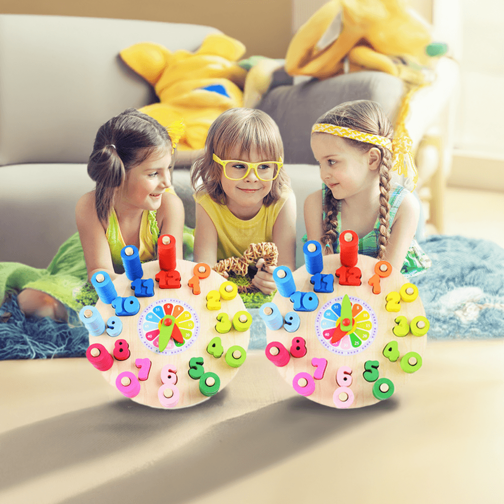 colorful wooden educational toy featuring a circular base with pegs and various shapes with holes for sorting and stacking. The toy includes number blocks, geometric shapes, and spools in vibrant primary and pastel colors, designed to enhance cognitive skills, hand-eye coordination, and fine motor skills in children