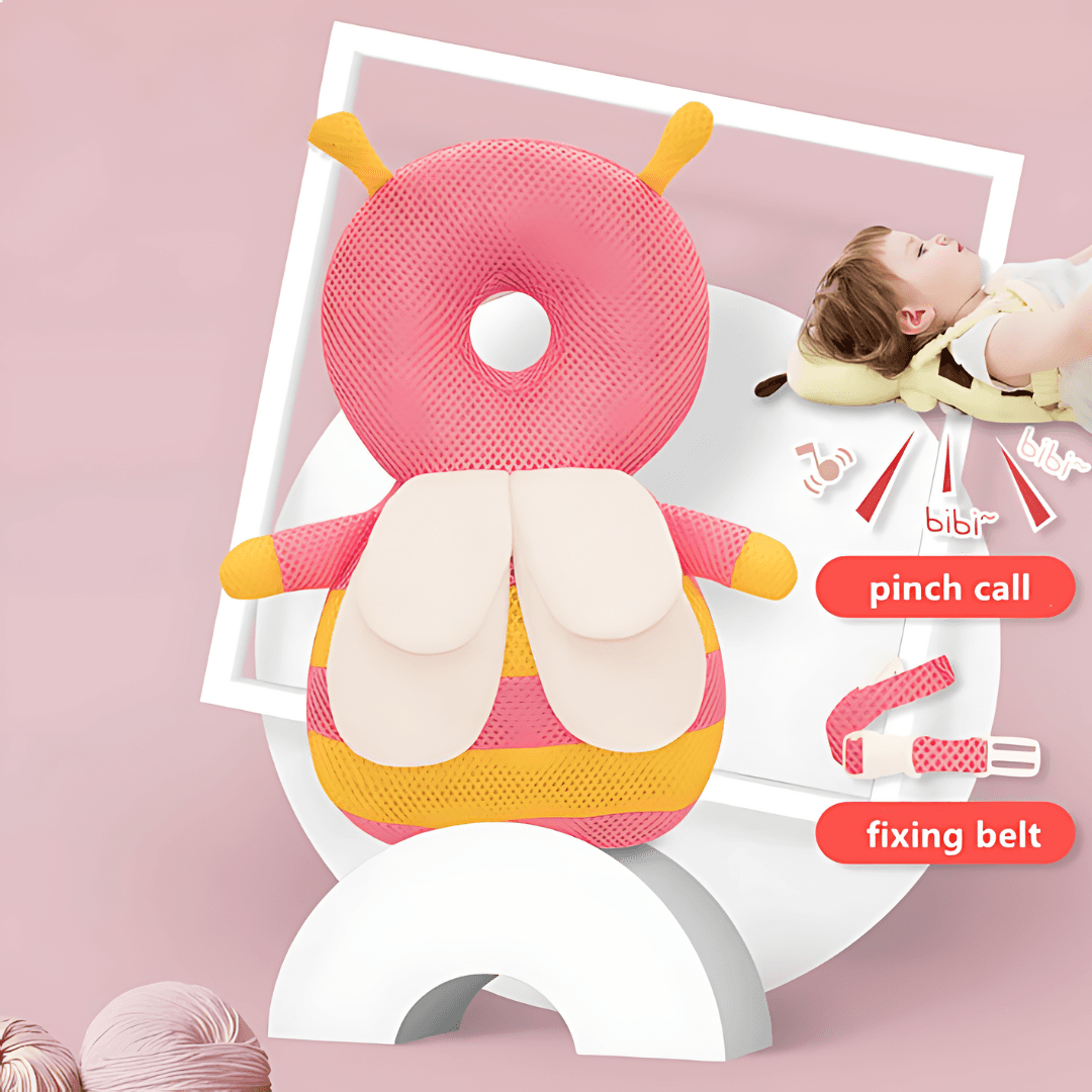 cute, pink and yellow bumblebee-shaped baby headrest, for sleeping baby and a fixing belt for safety