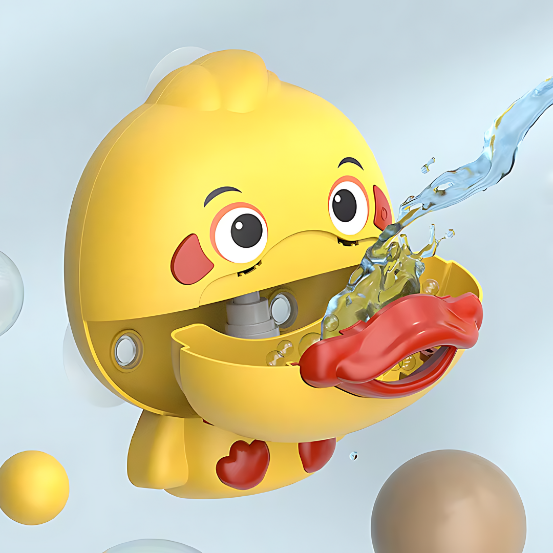 A yellow duck-shaped bath toy from the Pond Pals collection is depicted with wide eyes and blushing cheeks, its mouth open as it releases a stream of water. The toy features a red beak and is surrounded by various colored bubbles against a pale blue background.