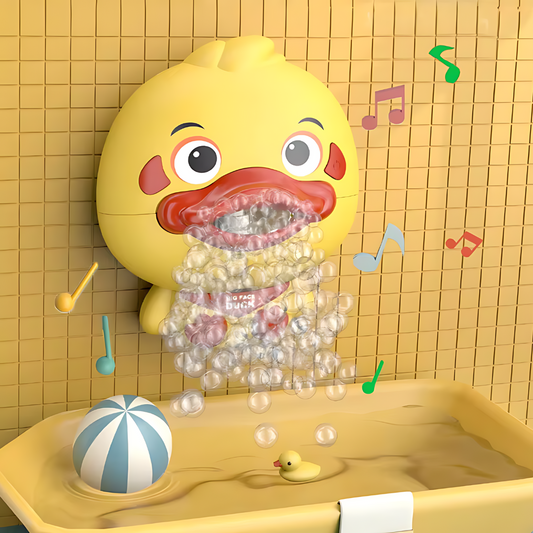 A cute yellow toy duck from the Pond Pals collection is mounted on a tiled bathroom wall, producing bubbles from its wide red beak. Colorful musical notes surround this built-in music bath toy. Below is a bathtub with a striped beach ball and a smaller rubber duck floating in the water.