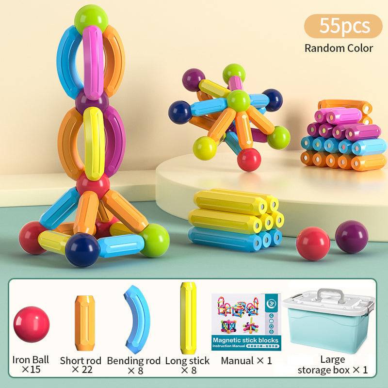 colorful set of 55 pieces magnetic stick blocks, featuring iron balls, short rods, bending long sticks, and a manual displayed, set includes 15 iron balls, 22 short rods, 8 bending rods, and 8 long sticks in random colors, highlights the educational and creative play value of the toy, showcasing its potential for building complex geometric structures that can stimulate learning in STEM fields