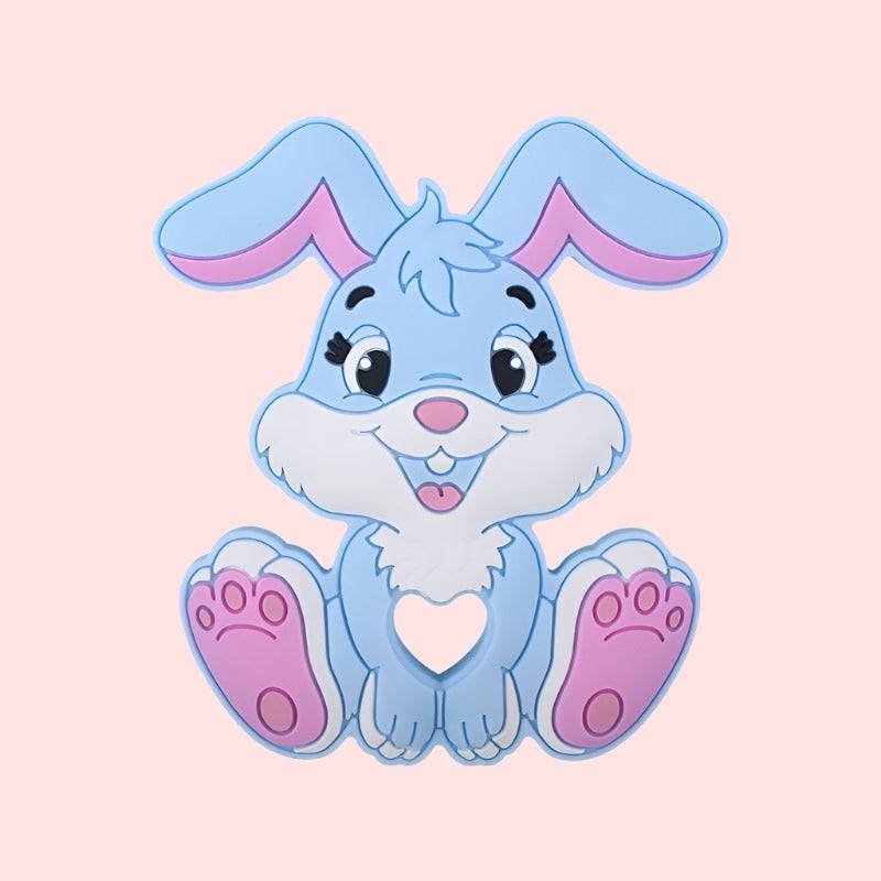 cute blue cartoon teether bunny with large pink ears and feet sitting against a soft pink background, the bunny has expressive eyes, a friendly smile, and its paws are gently resting on its tummy, friendly bunny illustration, children’s character design, Easter-themed bunny, adorable bunny image, cartoon bunny with expressive eyes, pink background bunny