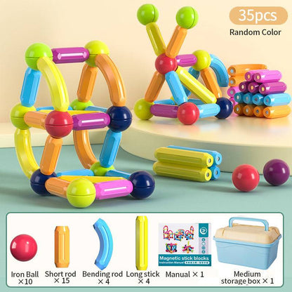 colorful set of 35 pieces magnetic stick blocks, featuring iron balls, short rods, bending long sticks, and a manual displayed, set includes 10 iron balls, 15 short rods, 4 bending rods, and 4 long sticks in random colors, highlights the educational and creative play value of the toy, showcasing its potential for building complex geometric structures that can stimulate learning in STEM fields