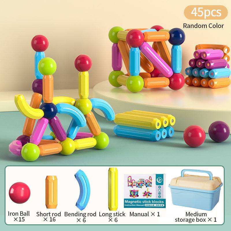 colorful set of 45 pieces magnetic stick blocks, featuring iron balls, short rods, bending long sticks, and a manual displayed, set includes 15 iron balls, 16 short rods, 6 bending rods, and 6 long sticks in random colors, highlights the educational and creative play value of the toy, showcasing its potential for building complex geometric structures that can stimulate learning in STEM fields