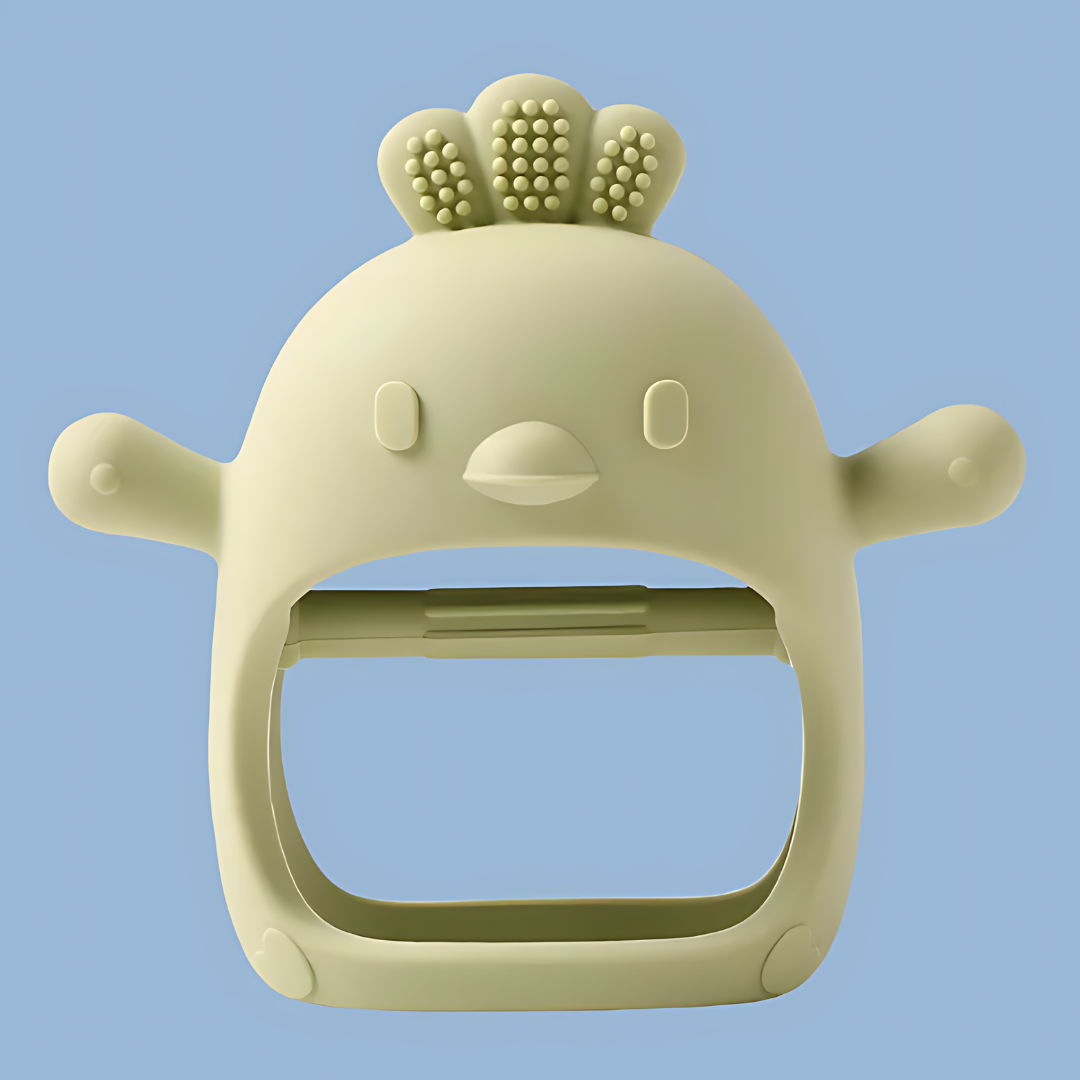 green baby teether in the shape of a cartoon baby chicken, designed for soothing infants’ gums, baby teether, cartoon lion teether, infant soothing toy, teething relief, soft silicone teether, baby gum soother, teething toy for babies, this toy is perfect for soothing your baby’s sore gums while providing a fun and engaging design  