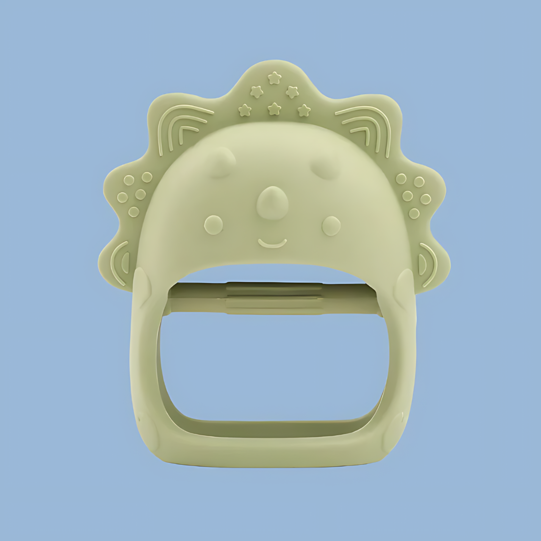 green baby teether in the shape of a cartoon lion’s head with stars, designed for soothing infants’ gums, baby teether, cartoon lion teether, infant soothing toy, teething relief, soft silicone teether, baby gum soother, teething toy for babies, this toy is perfect for soothing your baby’s sore gums while providing a fun and engaging design  